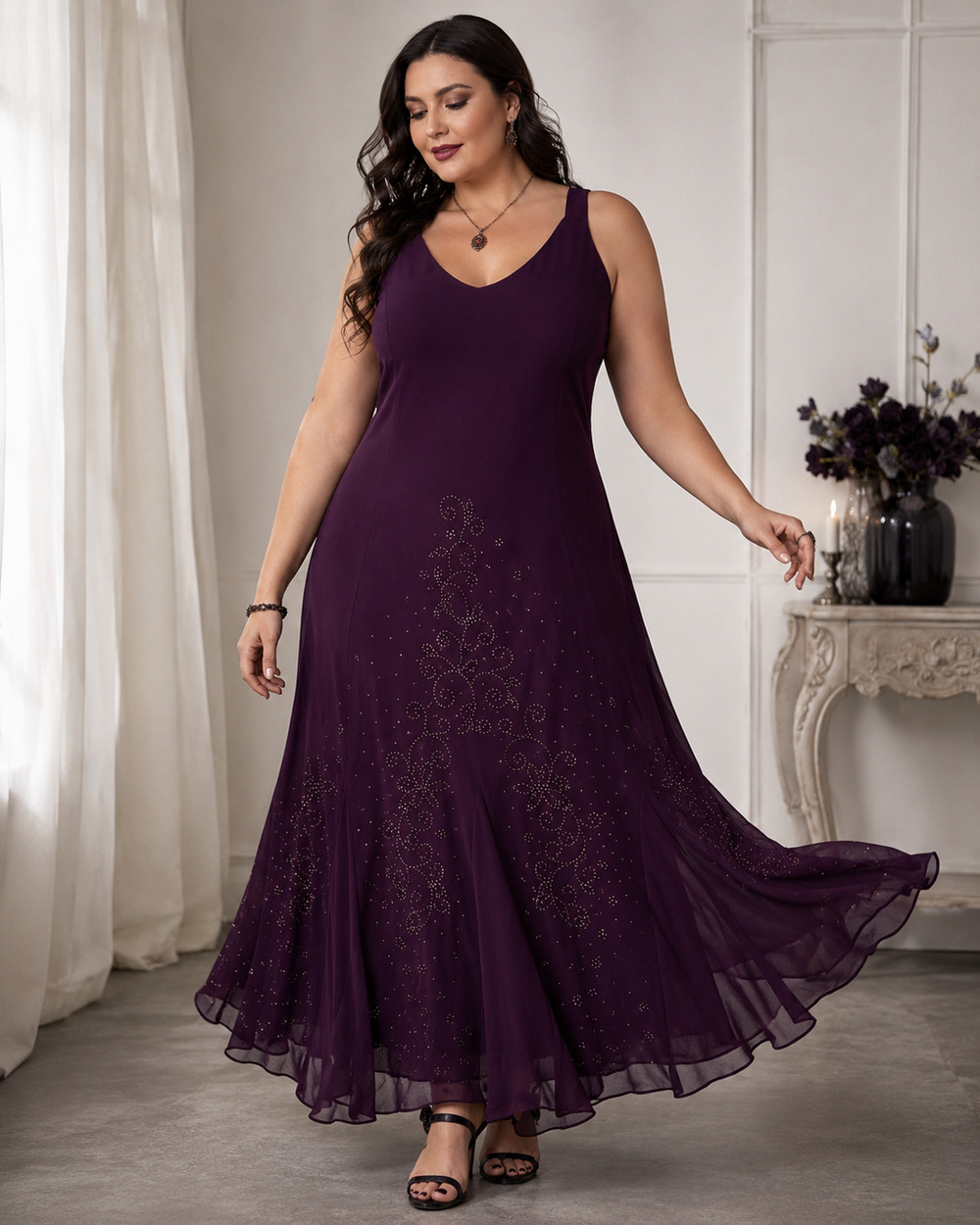 Vtg Y2K Women Plum Beaded Chiffon Sequin Dress 26W Fairycore Ethereal Whimsigoth